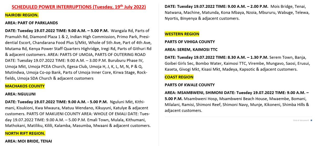 KenyaPower_Care's tweet photo. Good evening, please find the areas scheduled for maintenance on 19th of July 2022. ^DO https://t.co/jEDvu5ft7n