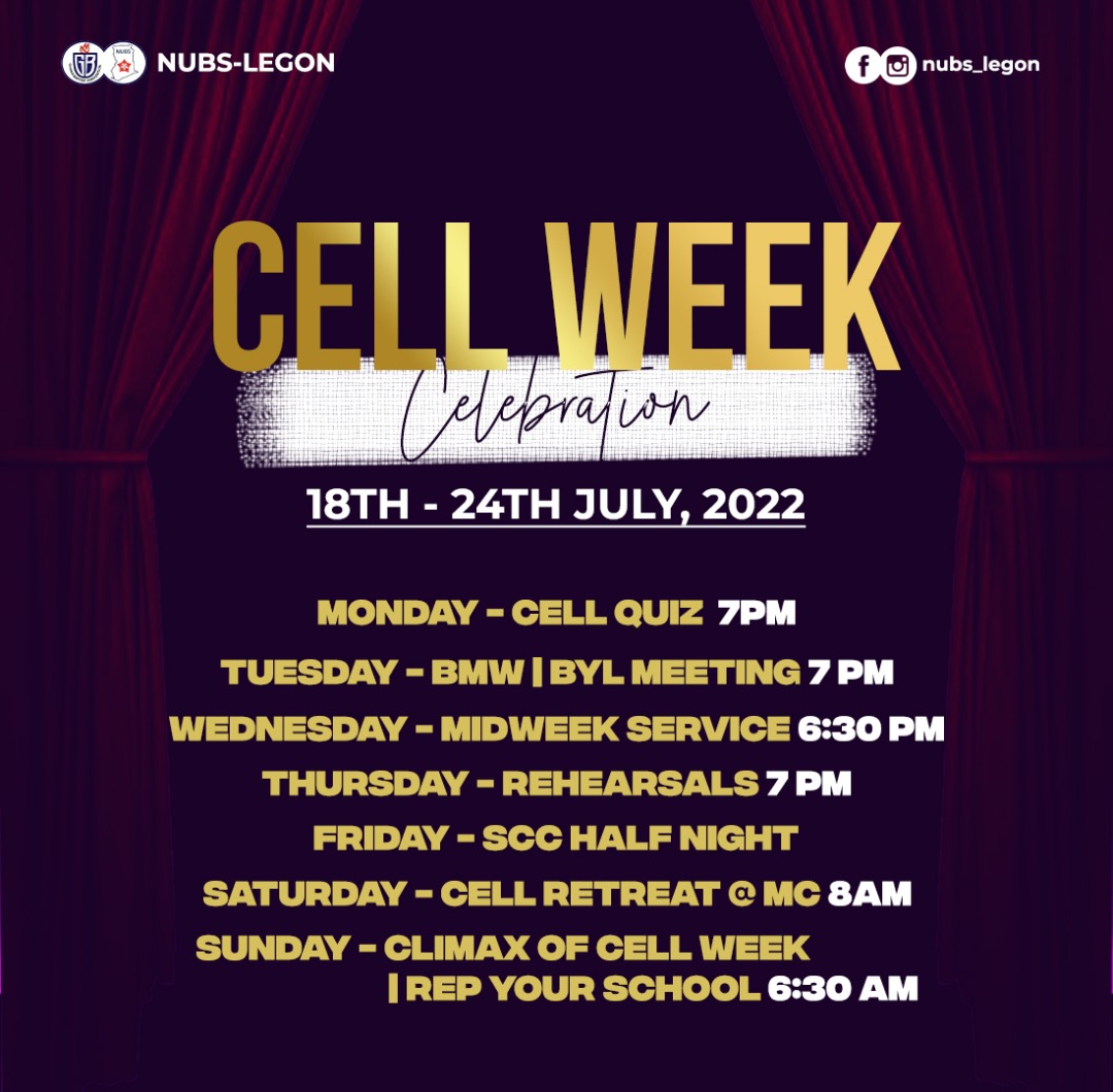 LegonNubs's tweet photo. The much anticipated Cell Week is hereeeee🥳🥳🥳💃🏻💃🏻!!!
Don't miss out on any day as it promises to be a great time with God and with brethren ❤️
#SpiritualYear
#NUBSUG https://t.co/ydo6ShyMVS