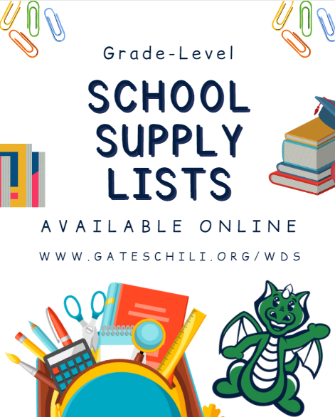 We have posted grade-level school supply lists to our website. They can be accessed by clicking:

-"Parents and Students" on the top banner
-"More" from the drop-down menu
-"Supply Lists 2022-2023" from the list

More info coming soon about a supply drop off day in August!