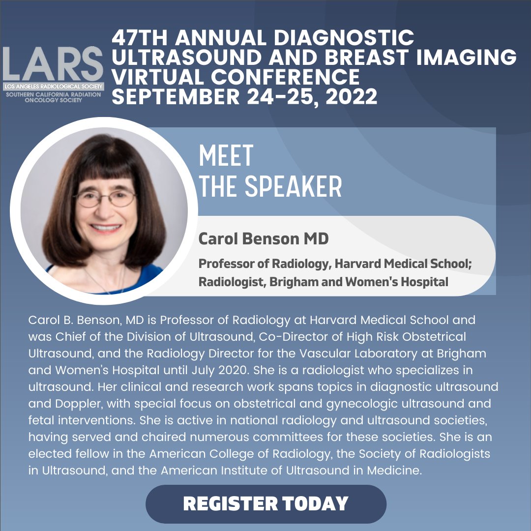 LARadiological's tweet photo. Carol Benson, MD will be speaking during 4 sessions at LARS CCDU 2022 - Learn more and register here: https://t.co/g57ZFgUZ35 #LARS2022 @BrighamRad @BWHRadEdu @BrighamWomens @harvardmed https://t.co/GxZlgaFNhU