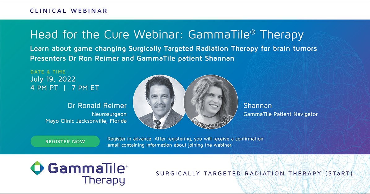 TOMORROW: Want to learn more about GammaTile Therapy? <a href="/GammaTile/">GammaTile by GT Medical Technologies, Inc.</a> and <a href="/HeadfortheCure/">Head For The Cure</a> will be hosting a clinical webinar featuring Dr. Ronald Reimer and GammaTile Patient Navigator, Shannan Achens. 
<a href="/MayoClinic/">Mayo Clinic</a> <a href="/MayoClinicNeuro/">Mayo Clinic Neuro</a> <a href="/BrainsCure/">Brains for the Cure</a>

To Register: ow.ly/LNk150JYnEm