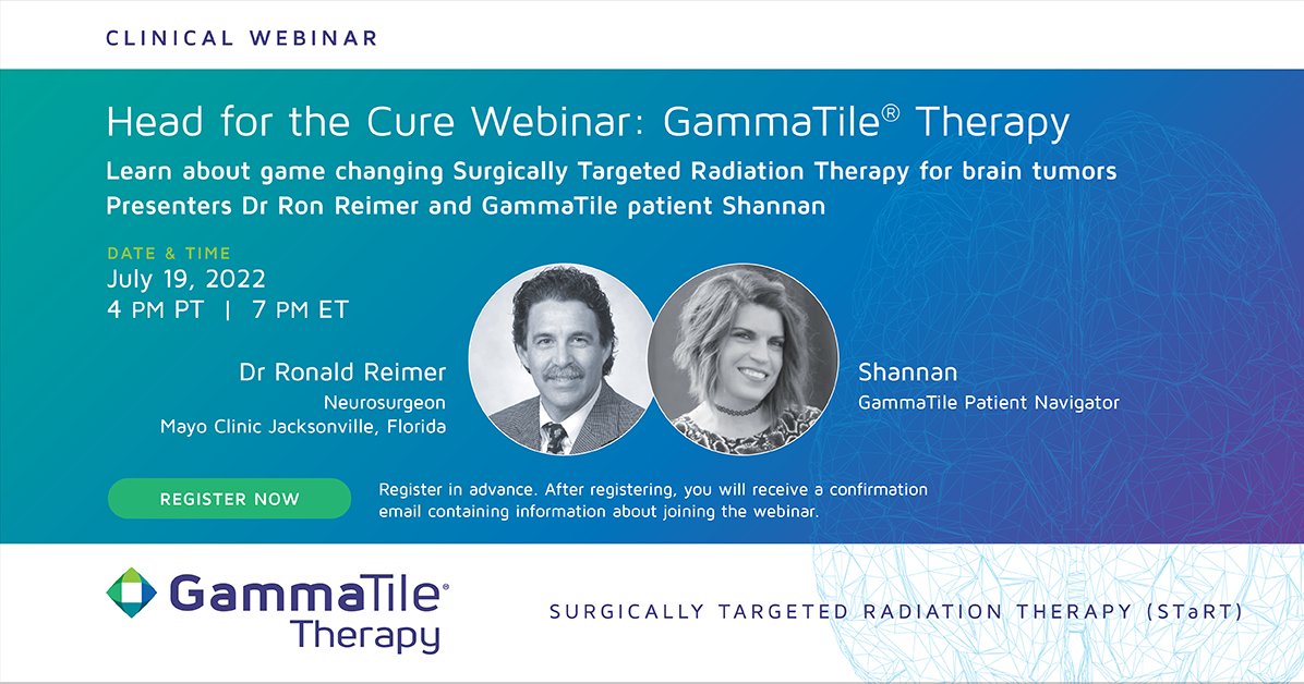 TOMORROW: Want to learn more about GammaTile Therapy? @GammaTile and @HeadfortheCure will be hosting a clinical webinar featuring Dr. Ronald Reimer and GammaTile Patient Navigator, Shannan Achens. @MayoClinic @MayoClinicNeuro @BrainsCure To Register: ow.ly/LNk150JYnEm