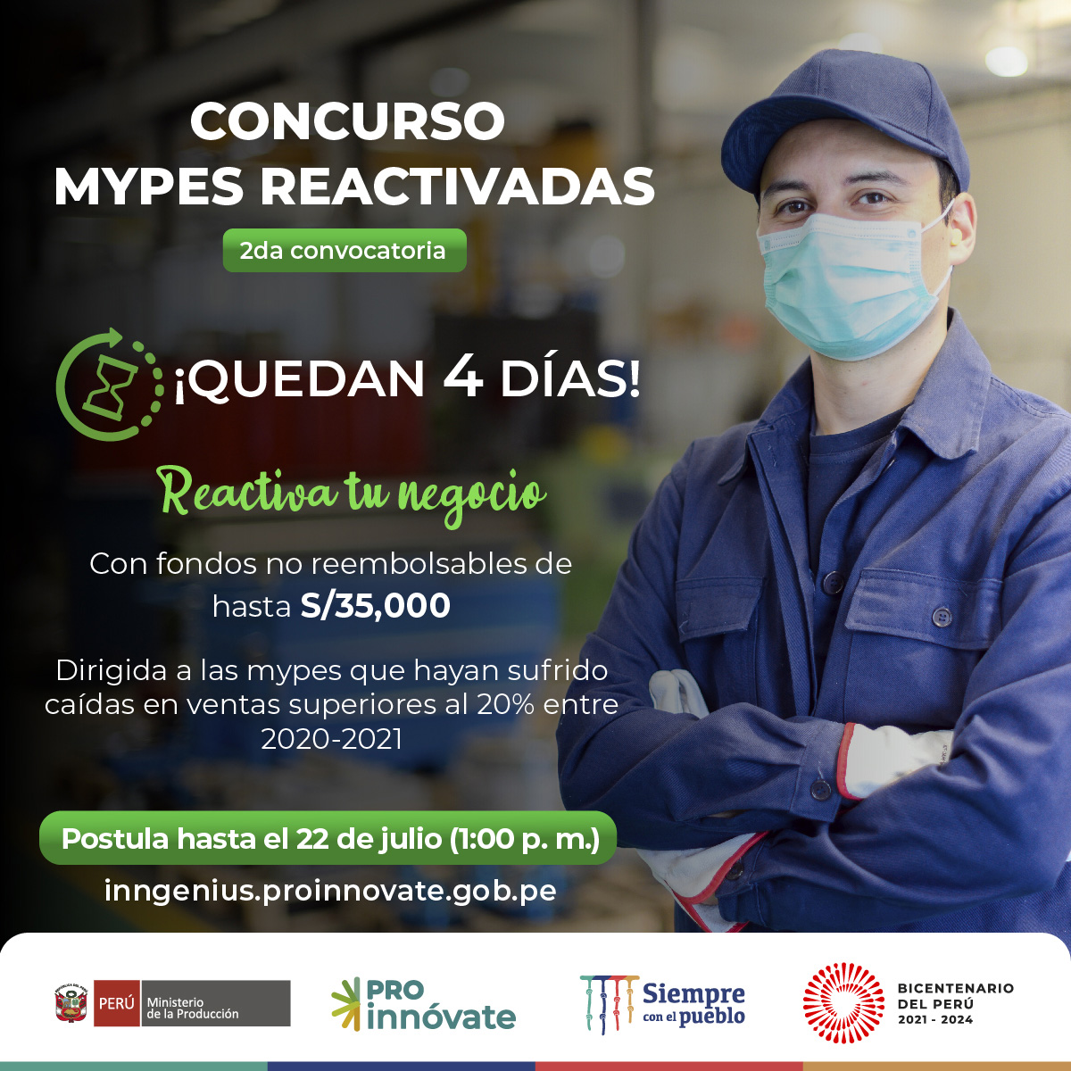 ¡Quedan 4 días para el cierre de convocatoria del concurso #MypesReactivadas! 📝 Postula aquí: 👉 inngenius.proinnovate.gob.pe
✅ Participa mañana en nuestro último taller sobre cómo llenar el formulario de aplicación en el Sistema en Línea: bit.ly/tallermypesrea…