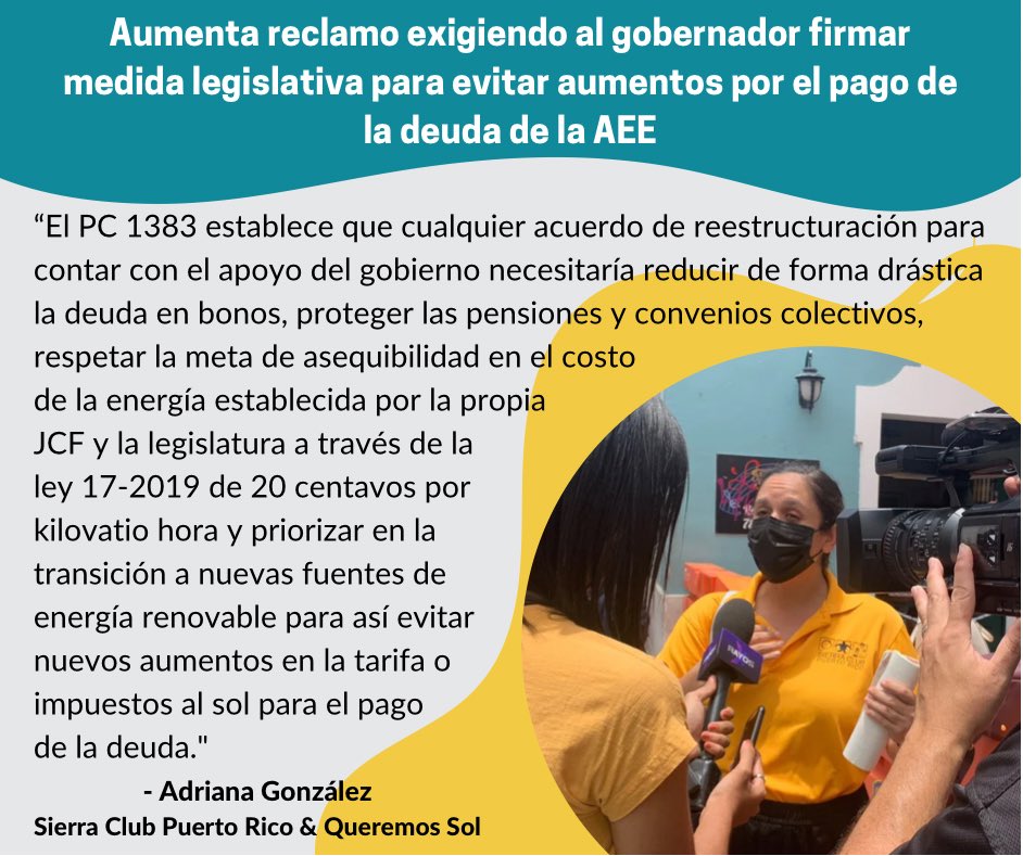 sierraclubpr's tweet photo. Este miércoles, 20 de julio, estaremos frente al Capitolio marchando hacia Fortaleza a las 9am exigiéndole al @GovPierluisi que firme el #PC1383
#CancelenladeudaAEE
#FueraLuma
#QueremosSol
#AcciónClimáticaAhora https://t.co/E6c3UFoYUU