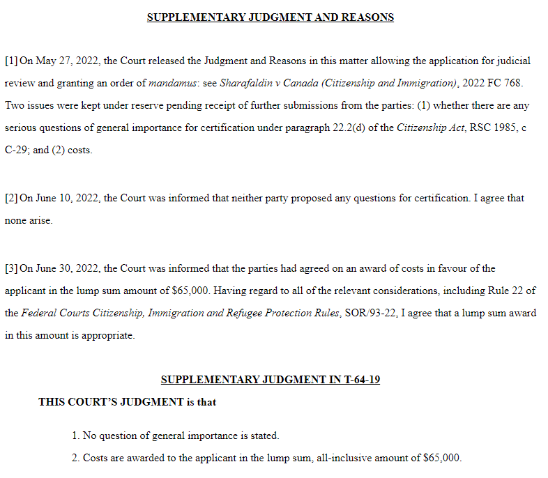 IRCC agrees to pay a permanent resident whose citizenship application was in processing for over 20 years $65,000.

decisions.fct-cf.gc.ca/fc-cf/decision…

canlii.org/en/ca/fct/doc/…