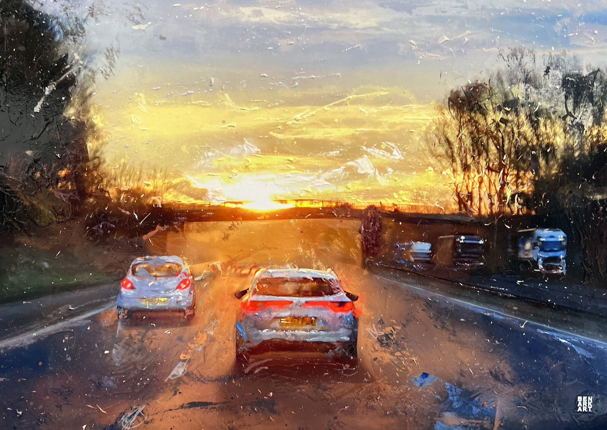 Ben Ark, capturing the warm evening light perfectly. 

#benark #benarkart #mixedmediaartist #creativeartist #contemporaryart #modernart #northernart #cheshire #salford #manchester #bramhall #hale #altrincham #urbanart #manchesterart #traffic #sunset #motorways