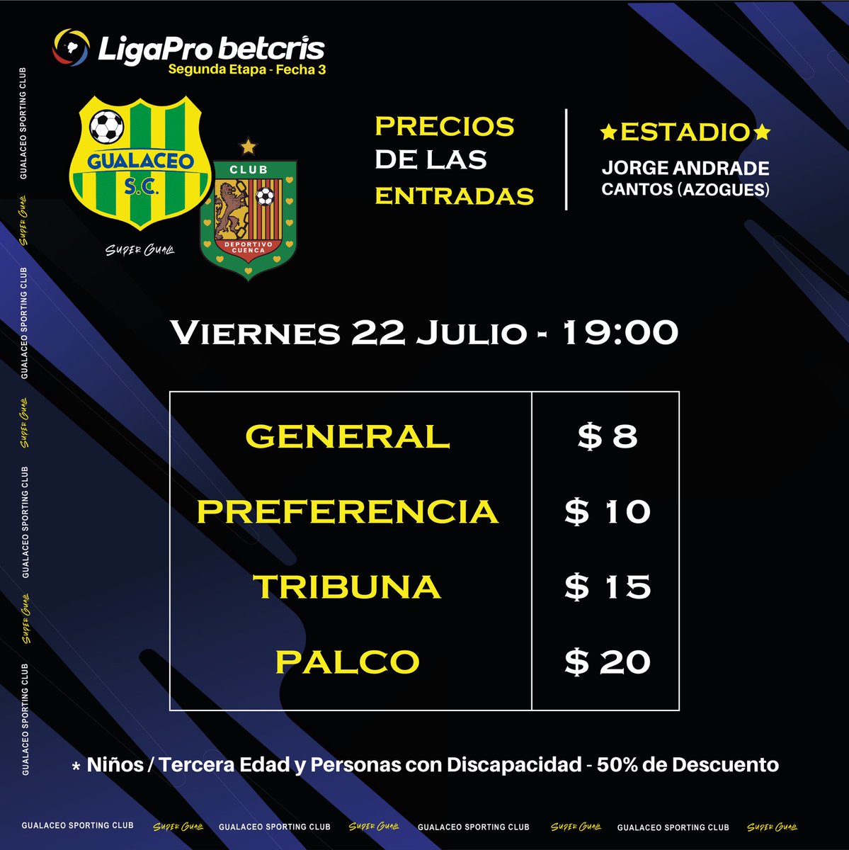 🎫 Precios de las entradas 🎫 

Hinchada del Súper Guala, hoy a partir de las 14h00 se inicia con la venta de boletos digitales.

Las entradas físicas, se las venderá desde mañana martes 19 de julio en los diferentes puntos de venta a partir de las 10h00.

#VamosGuala 🟢🟡