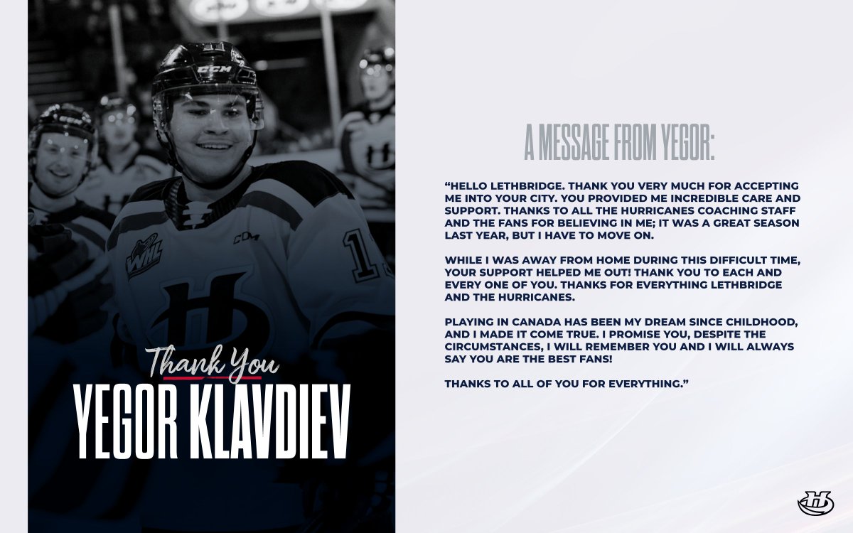 The #WHLCanes have announced that 2003-born import forward Yegor Klavdiev will not return this season, electing to turn pro in Belarus. 

Details 👉 bit.ly/3uYjPNo