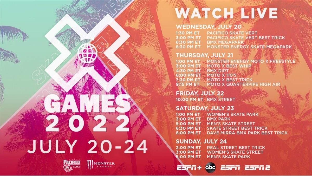 <a href="/XGames/">X Games</a> 2022 return to SoCal July 20-24

Available on ESPN Networks, including all comps streamed live on <a href="/ESPNPlus/">ESPN+</a> for first-time ever

More: bit.ly/3cnQ42n | #XGames