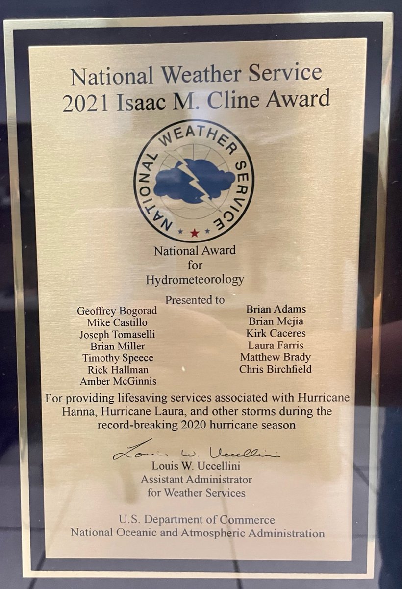We've got some new hardware🏆👀 

Earlier this year, NWS Brownsville received the National Cline Award for providing lifesaving services during Hurricane Hanna, Laura, &amp; other storms during 2020. Today, we received the plaques to display in the office! They sure are pretty!