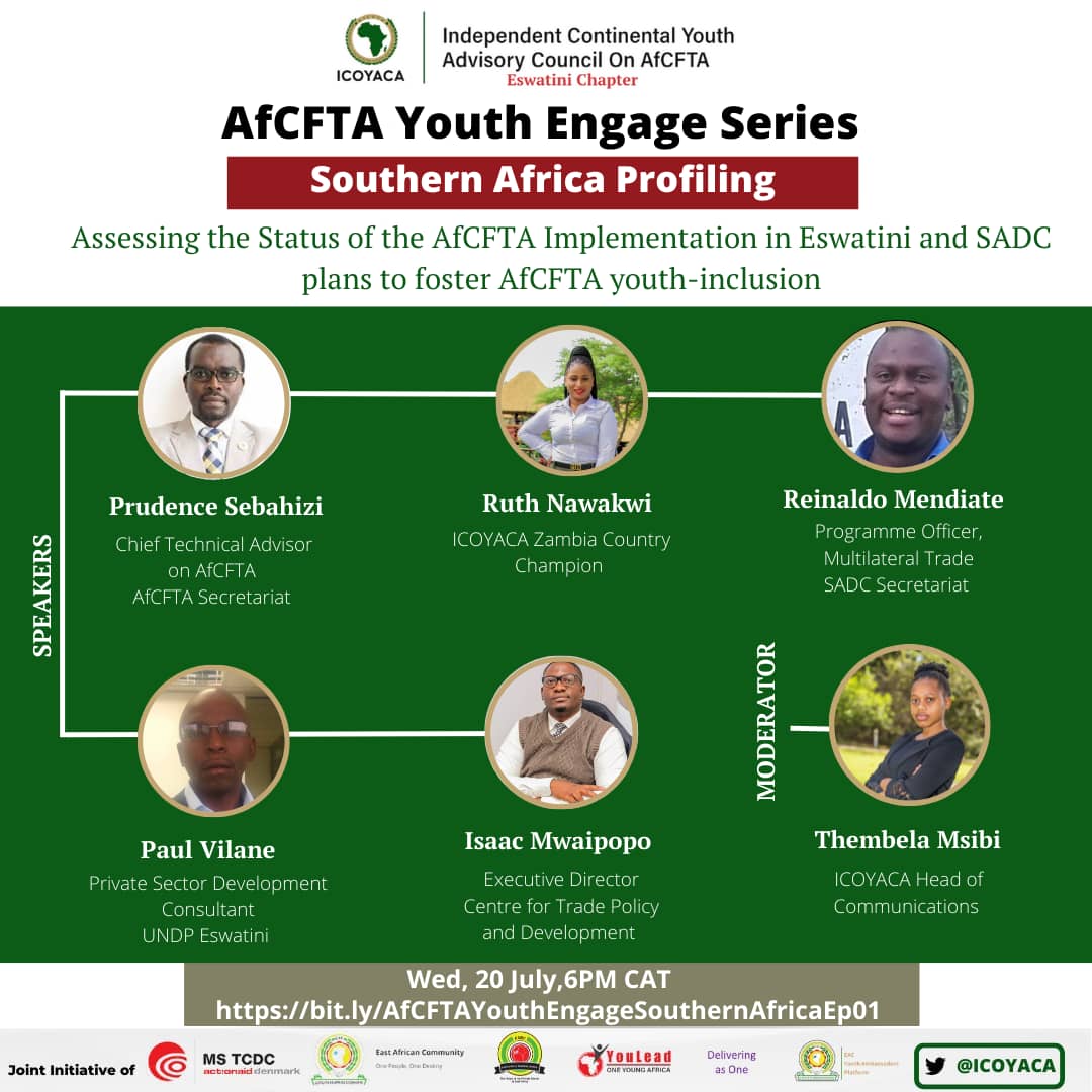 Brace yourself for this #AfCFTAEngagementSeries Southern Africa takeover this Wed, 6PM CAT.  We'll be talking about Eswatini and SADC plans to foster AfCFTA youth-inclusion with our special guests along with Eswatini Coun Champ. 

Register now. bit.ly/AfCFTAYouthEng…