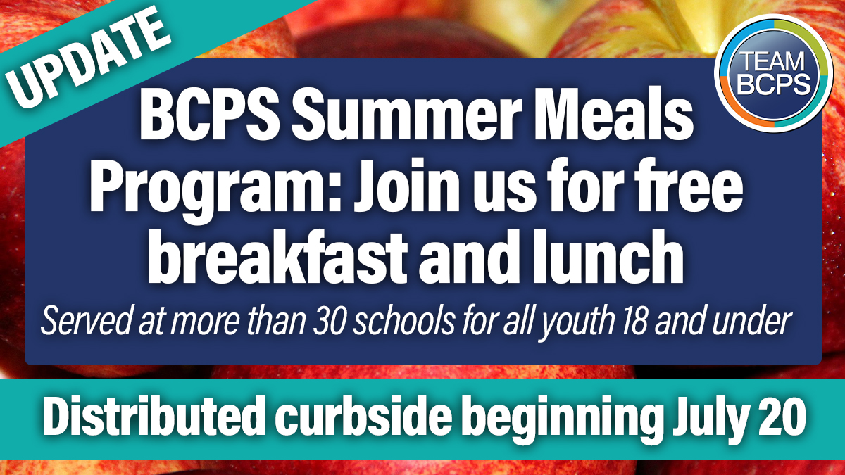 📣 Spread the word! Beginning Wednesday, July 20, #TeamBCPS families will be able to pick up and take home their free Summer Food Service Program breakfast and lunch meals.

Learn More ➡ ow.ly/hHUq50JYr4p