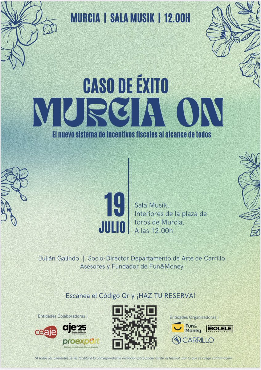 Mañana tendremos a <a href="/Julgalin/">Julián Galindo</a> en Murcia para contar el caso de éxito de #Murciaon 
Os esperamos en la <a href="/SalaMusikMurcia/">Sala Musik</a> a las 12 horas con una treintena de #empresarios