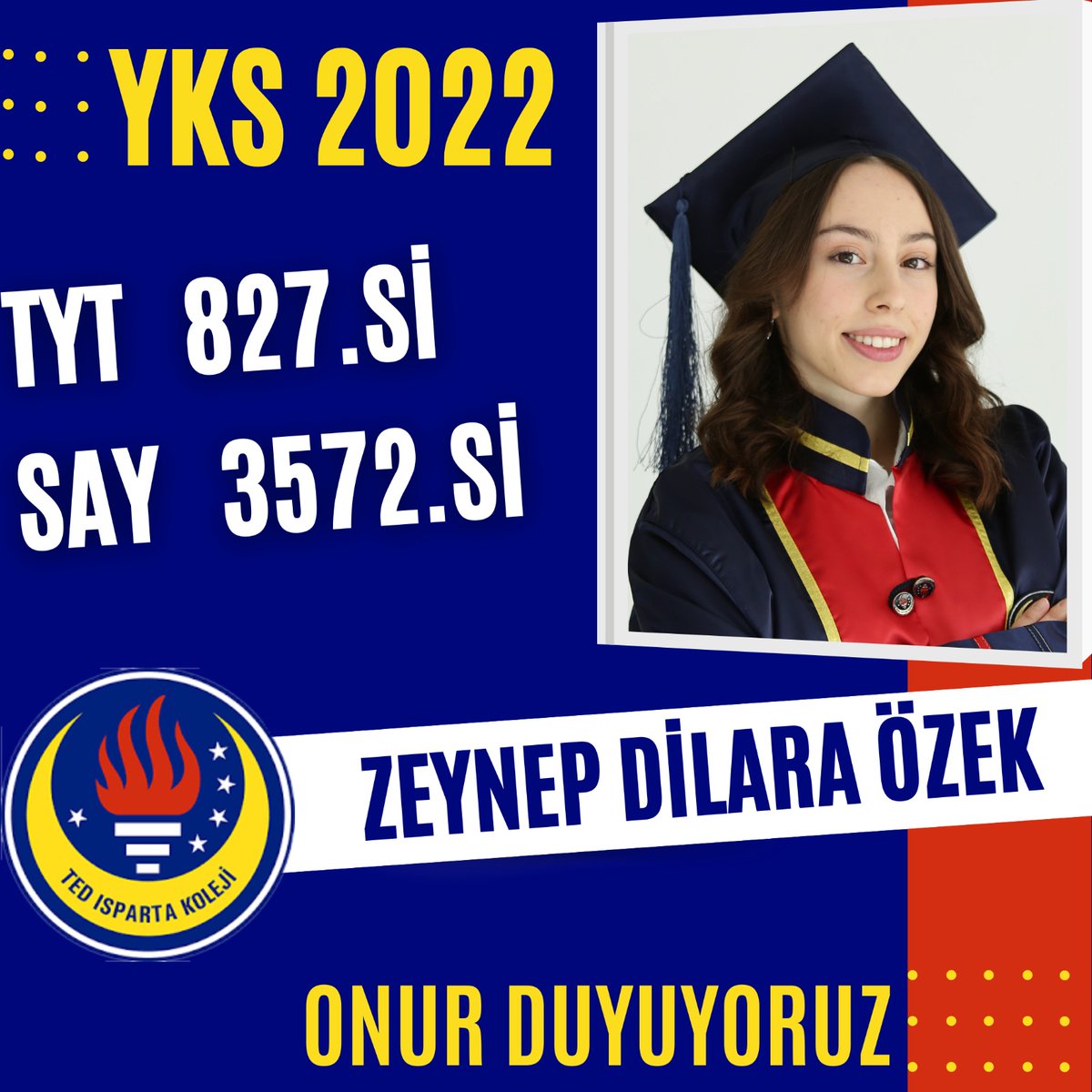 YKS 2022 Sonuçlarımızla Onur Duyuyoruz!
TED Isparta Koleji  öğrencilerimizden Zeynep Dilara Özek, YKS sonucu ile onurumuz oldu.
Öğrencimizi, ailesini ve emeği geçen tüm öğretmenlerimizi yürekten kutluyoruz.