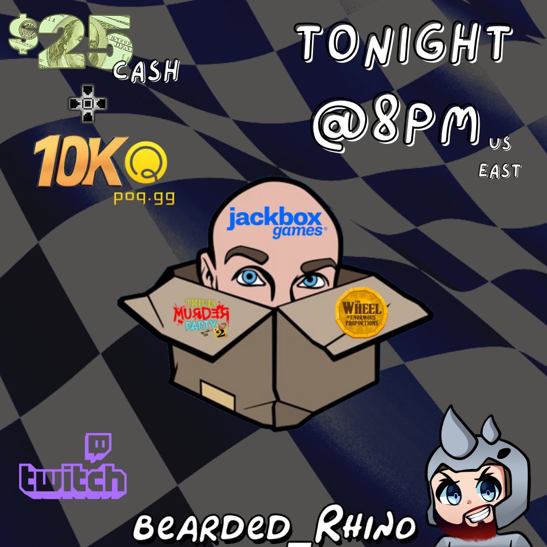 $25 +10k Quarters Jackbox Trivia RNG🤑⁠
⁠
⏰ TONIGHT - 8:30pm EST / 5:30pm PST⁠
⁠
✅ Register ➡️ linktr.ee/the_zoo
⁠
🎮 Anyone can win! 

➡️ twitch.tv/bearded_rhino
⁠
#Cash #prize #gaming #twitchstreamer #dogs