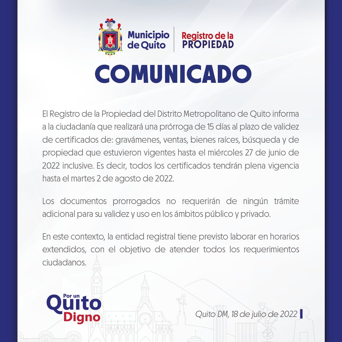 martinec83's tweet photo. Informamos a la ciudadanía que los certificados cuyo plazo caducaba hasta el 27 de junio inclusive, tendrán una extensión de validez, y su vigencia será hasta el día 02 de agosto de 2022.
#QuitoParaServir https://t.co/sc3Jylb1fQ