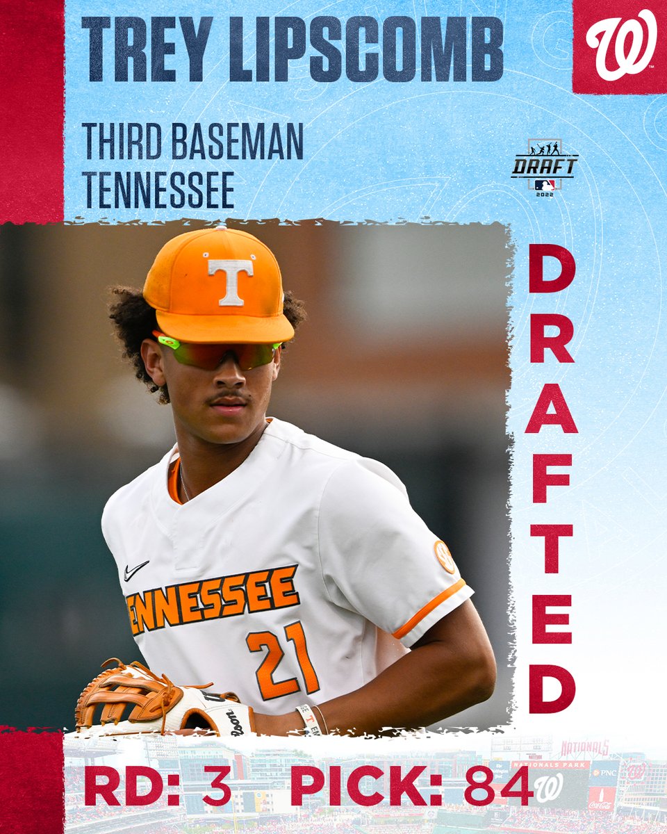 With the 84th pick in the 2022 <a href="/MLBDraft/">MLB Draft</a>, the Washington Nationals select…

Trey Lipscomb – 3B (Tennessee)

#NATITUDE