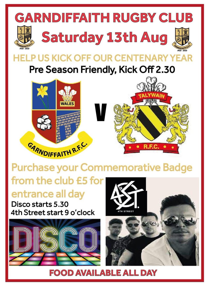 garndiffaithrfc's tweet image. Come along and enjoy what will be a fantastic day. KO 2.30pm against our local friends down the road @Talywain_RFC and then disco and the fantastic 4th street traffic. Purchase a commemorative badge for £5 for entry for the day/night. #beer #morebeer #centenary #UTT100