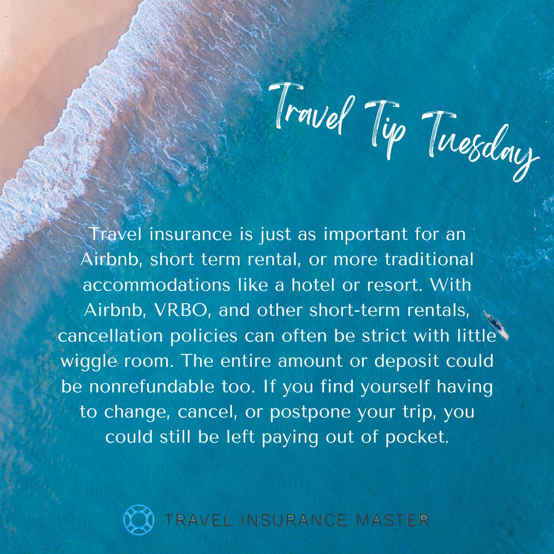 #TravelTip Tuesday: #Travelinsurance is just as important for an #Airbnb, #shorttermrental, or more traditional accommodations like a #hotel or #resort.
Find your recommended #tripprotection at Travelinsurancemaster.com.

#traveltiptuesday #traveltuesday #travelprotection