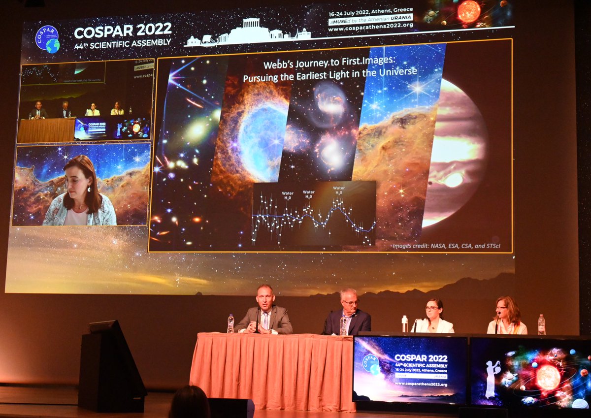 CosparHQ's tweet photo. Live now at #COSPAR2022, in person and streaming to virtual participants: Leaders from NASA and industry are discussing what has been learned from #JWST as a project so far and what they are looking forward to learning from it now in the coming years. https://t.co/mf5RQEard7
