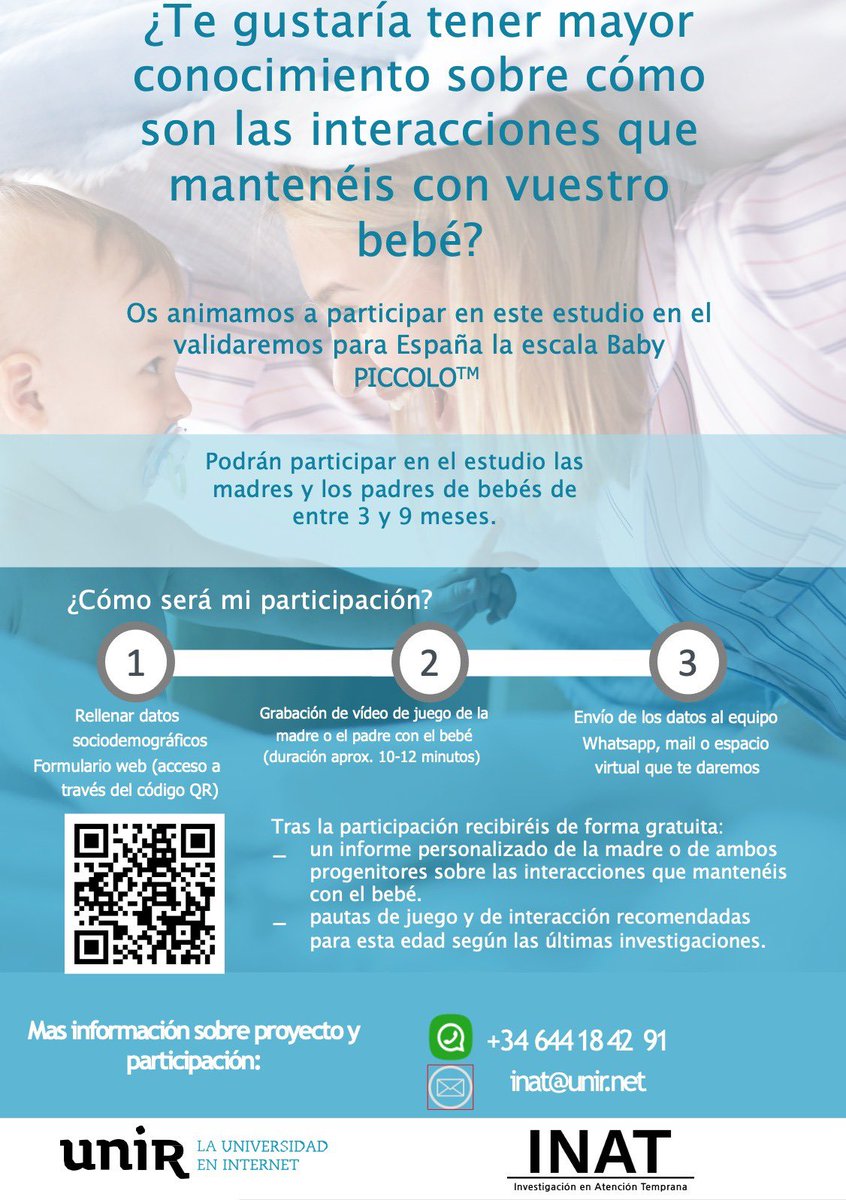 Desde INAT nos invitan a participar en la validación de la escala Baby PICCOLO TM en la población española para madres/padres y sus bebés en edades comprendidas entre los 3 y 9 meses.