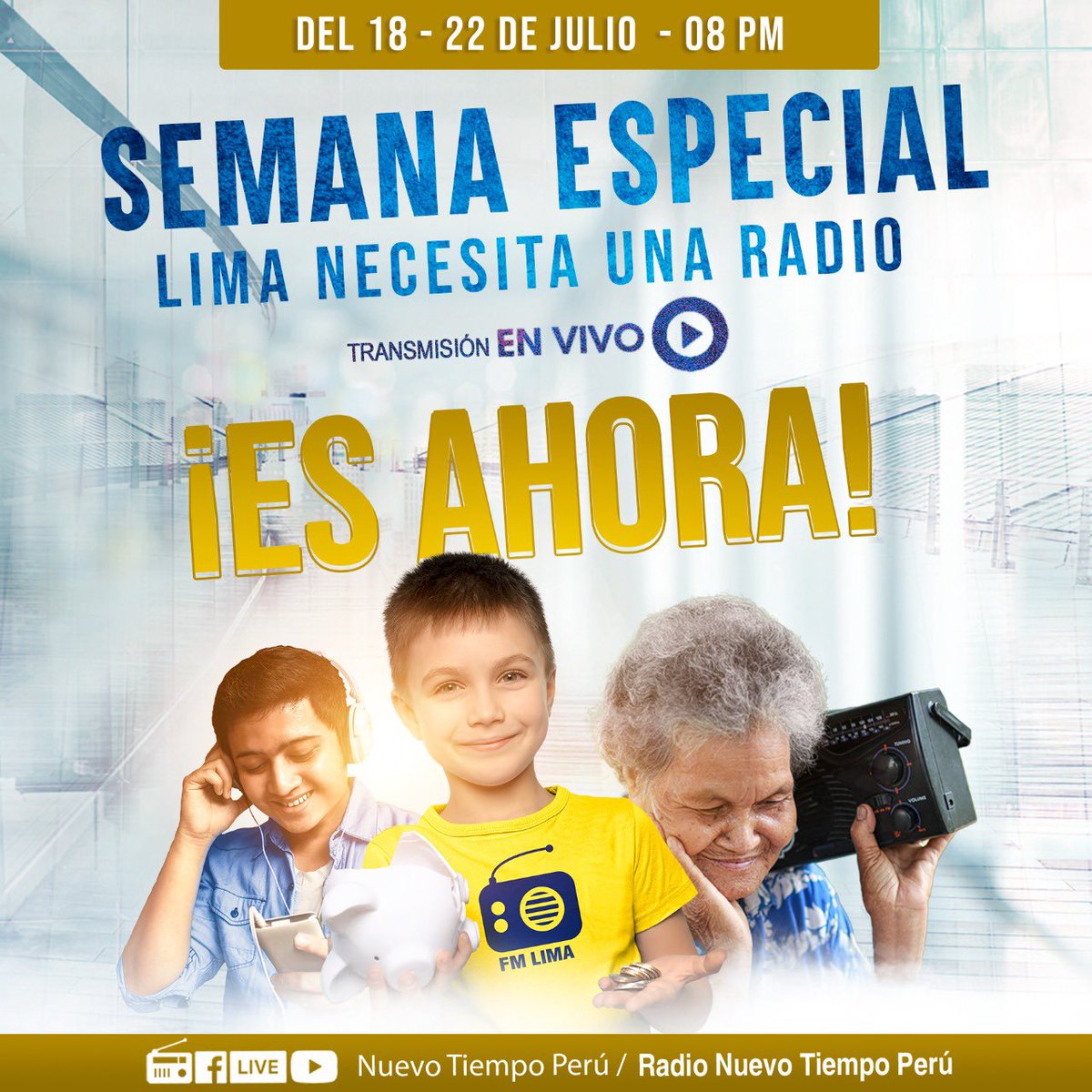 ¡Llegó el día de la Semana Especial #EsAhora! 👈🏻
🗓️ Del 18 al 22 de julio a las ⏰ 8:00pm 🇵🇪
📌 Conéctate al Facebook y YouTube: Nuevo Tiempo Perú y disfrutemos juntos de una semana de inspiración y grandes bendiciones.
Te esperamos‼️ #OfrendaAnualNT #Amigos #Lima #NuevoTiempo 📻