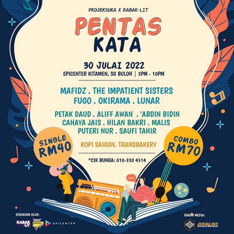 projeksuka's tweet photo. Mark your calendar guys! Jangan sampai ketinggalan🤗
Dah ada ticket lom tu?👀
#PentasKata #ProjekSuka #Rabaklit #EventLokal #SapotLokal #GigLokal #EpicenterKitamen #Lokalah #IndieKalilah #gig #july #muzik #acoustic #music #puisi #poetry #band #supportlokal #malaysia #localevent https://t.co/Hz9Le6UiKJ