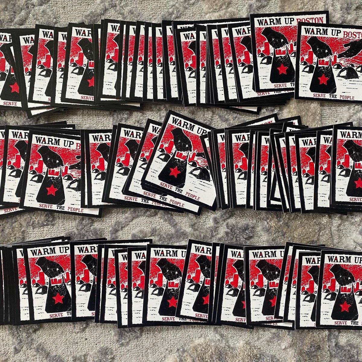 WarmUpBoston's tweet photo. We just got our first batch of stickers in! Over the next few weeks, we’ll be ordering a few different designs and putting a sticker pack up in a webstore to bring in some money which will be used to feed the people. #WarmUpBoston #Stickers #ServeThePeople #RedAid #MutualAid https://t.co/MeOU6LkTIN