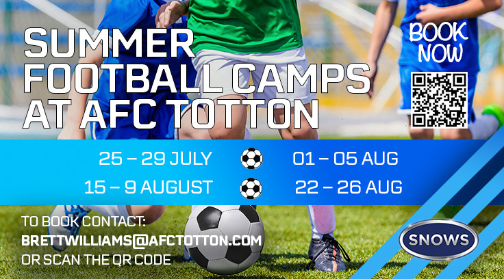 🏃‍♂️⚽️SUMMER HOLIDAY  FOOTBALL CAMPS AT AFC TOTTON🏃‍♀️🦌

Looking for summer school holiday fun? We're running football camps for boys &amp; girls aged 5yrs - 12yrs at <a href="/SnowsGroup/">Snows</a> Stadium. Prices start at just £25. 

Book now! afctotton.ticketco.events/uk/en