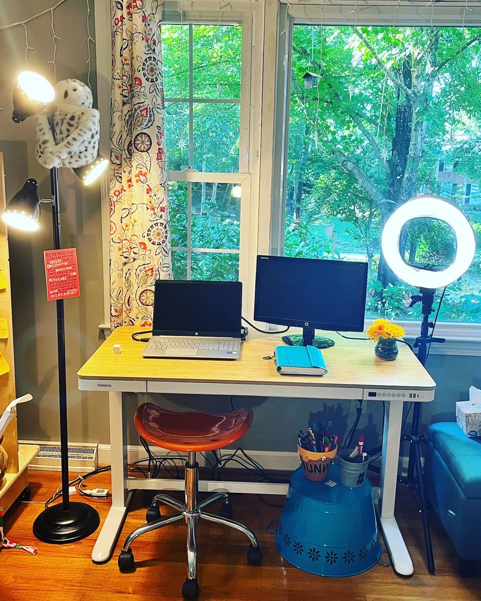KKerechanin's tweet photo. After 2 years of sitting on the floor to teach virtually, I got a MAJOR upgrade! Thanks, @FlexiSpot and @amazon prime day! #virtual #OfficeSpace #classroom #deskview #BacktoSchool2022 https://t.co/FKQBMoYOw9
