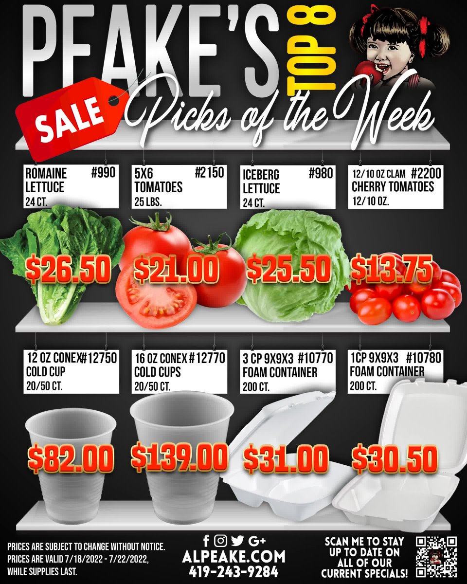 Tomato/TomAto, Steals/Deals...
Peake's Picks are IN! 😁
Here are this Week's Specials!

The First Name in Family Food Service!
alpeake.com | (419) 243-9284
