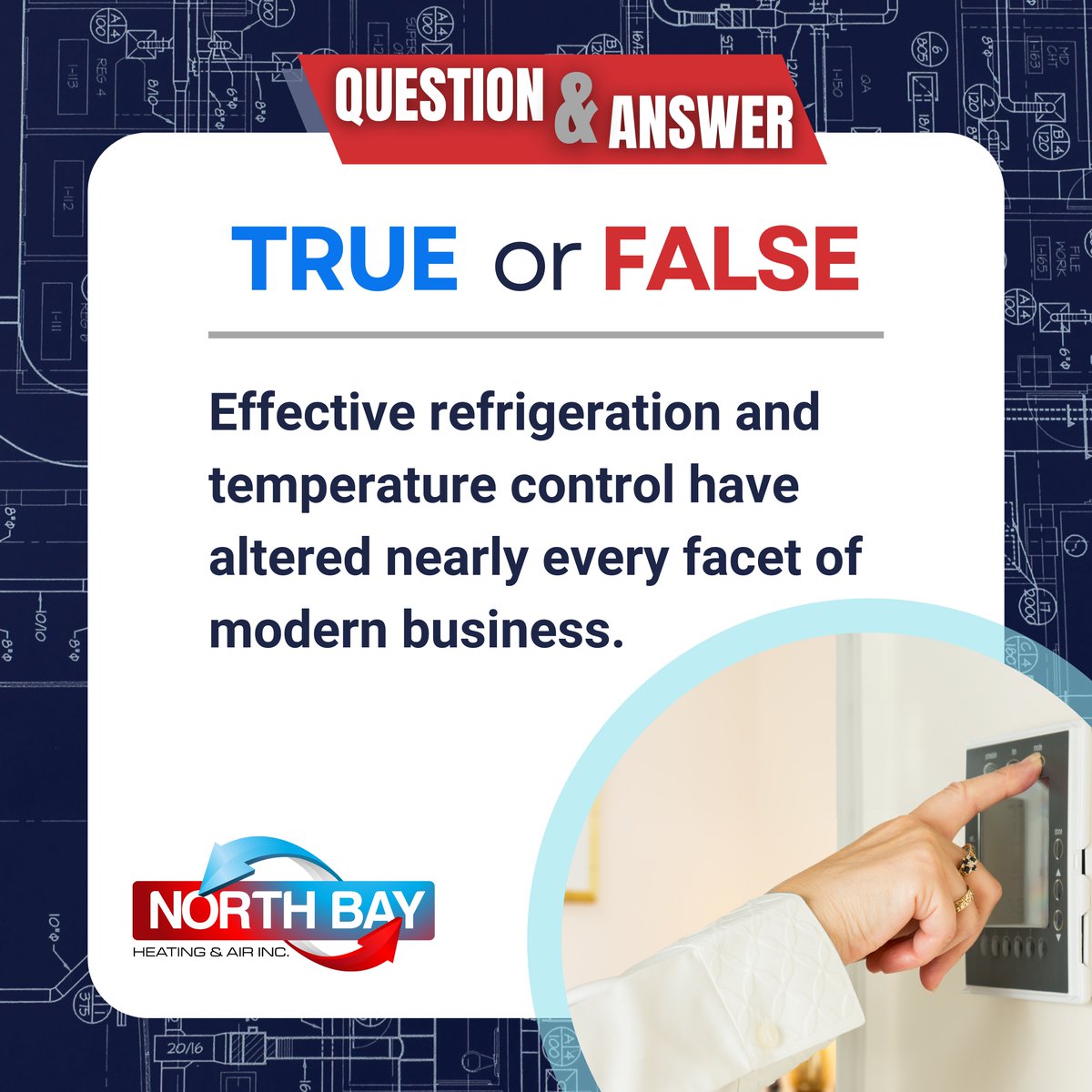 TRUE. Without air conditioning, making and storing foods, computers, chemicals, and pharmaceuticals would be nearly impossible. #TriviaTime #HVAC