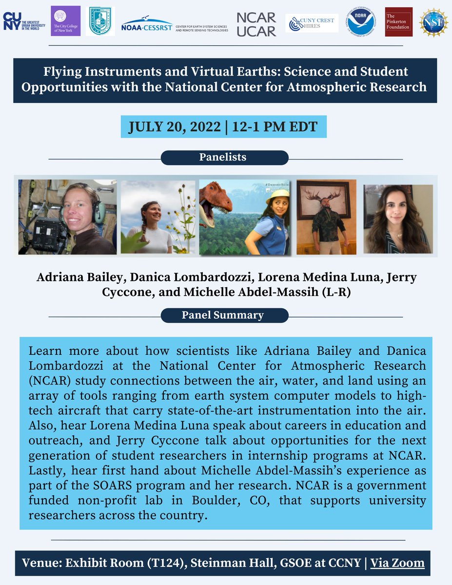 Interested in learning about science, careers, and student opportunities at <a href="/NCAR_Science/">NSF National Center for Atmospheric Research</a>? Join <a href="/NOAA/">NOAA</a> CESSRST for its #lunchandlearn session on July 20, 12-1 PM ET at <a href="/CCNYGroveSchool/">The Grove School of Engineering</a>, <a href="/CityCollegeNY/">City College of NY</a>.