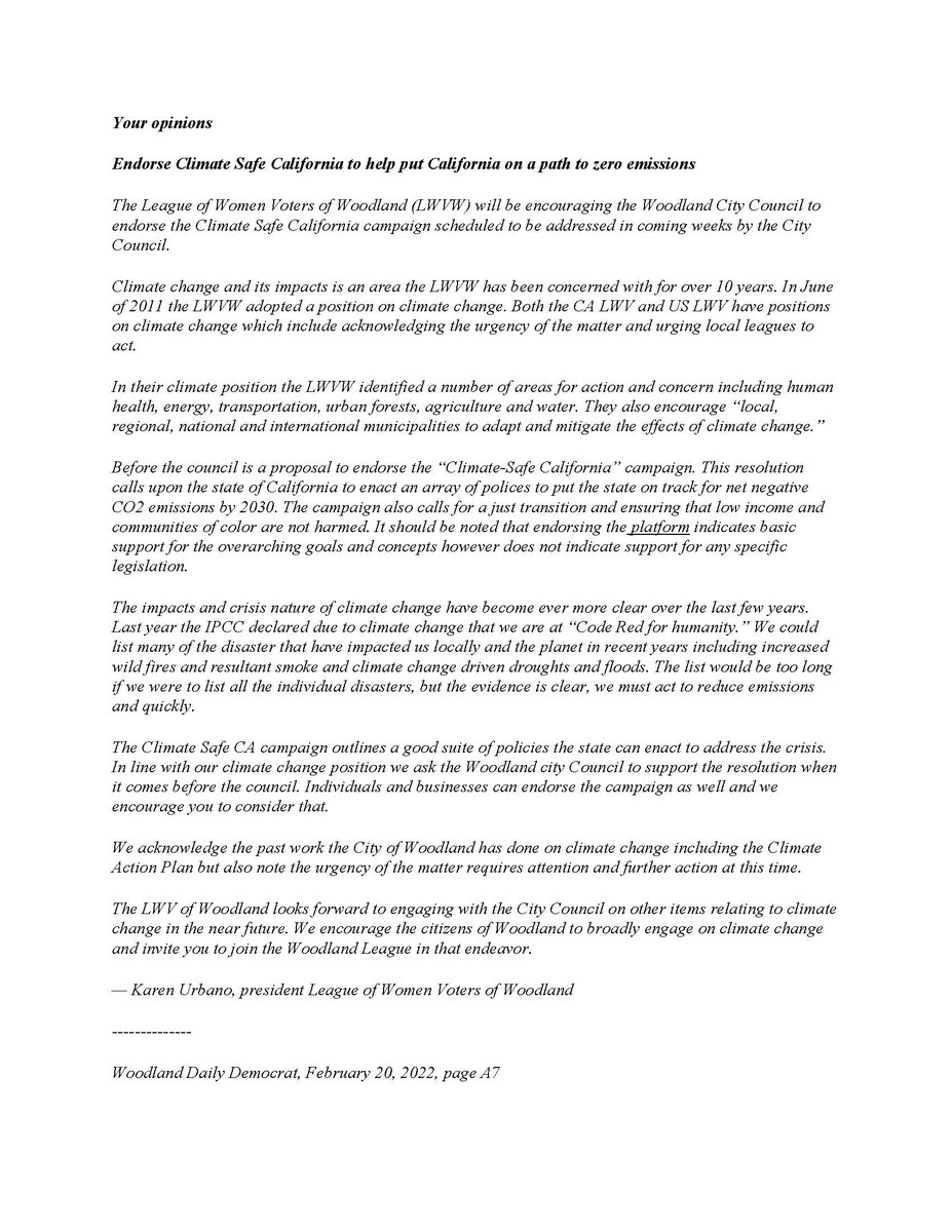 WoodlandLWV's tweet photo. On February 20. 2022 @WoodlandLWV wrote an LTE in support of Woodland endorsing #ClimateSafeCA and we continue to maintain this position. Have a look.
@CityofWoodland @EnviroWoodland
#TimeToActOnClimate
2/n https://t.co/w6OnFbE1yf