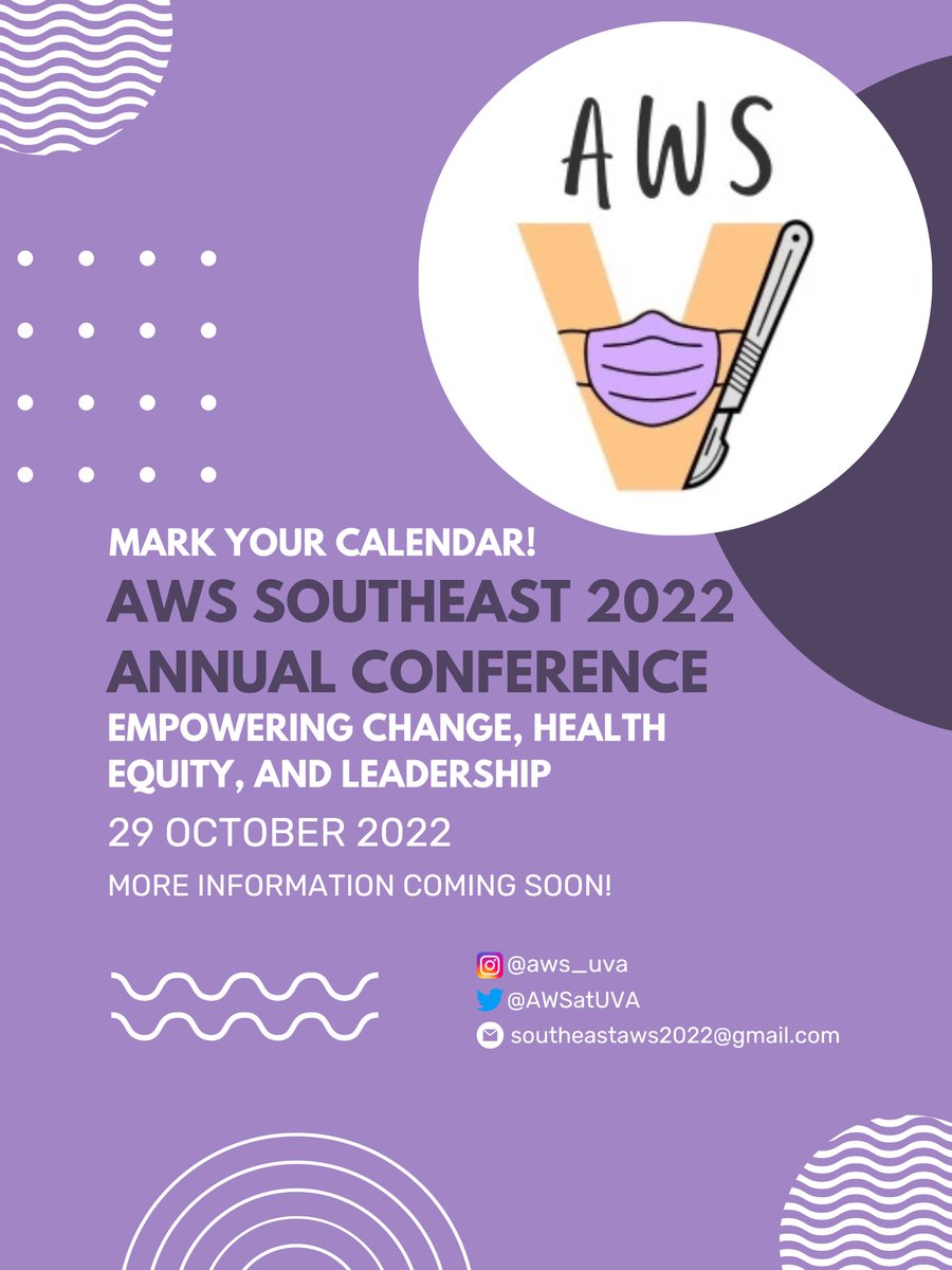AWSatUVA's tweet photo. Save the date! The UVA AWS Chapter will be hosting the AWS Southeast Chapter on October 29, 2022! RSVP here: https://t.co/hvr3TzY67k
#UVAAWS #ILookLikeASurgeon @UVASurgery https://t.co/GLPqhp7neR