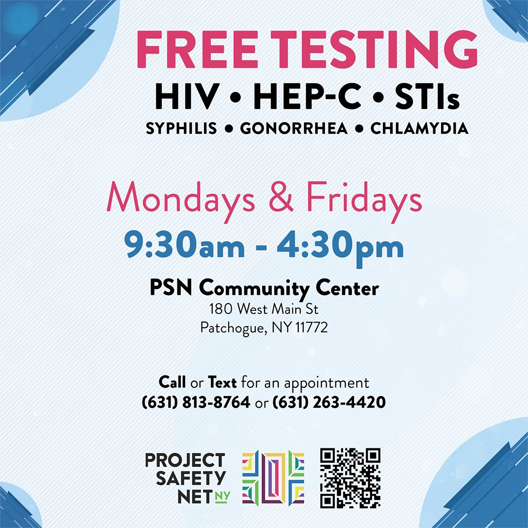 PSN_NY's tweet photo. We now offer FREE TESTING at our Community Center in Patchogue!

Call or Text today for FREE TESTING!

#Patchogue #Community #HIV #Testing #PublicHealth #LongIslandTogether #PSNNY #ProjectSafetyNetNY https://t.co/t0Zh8D3wox