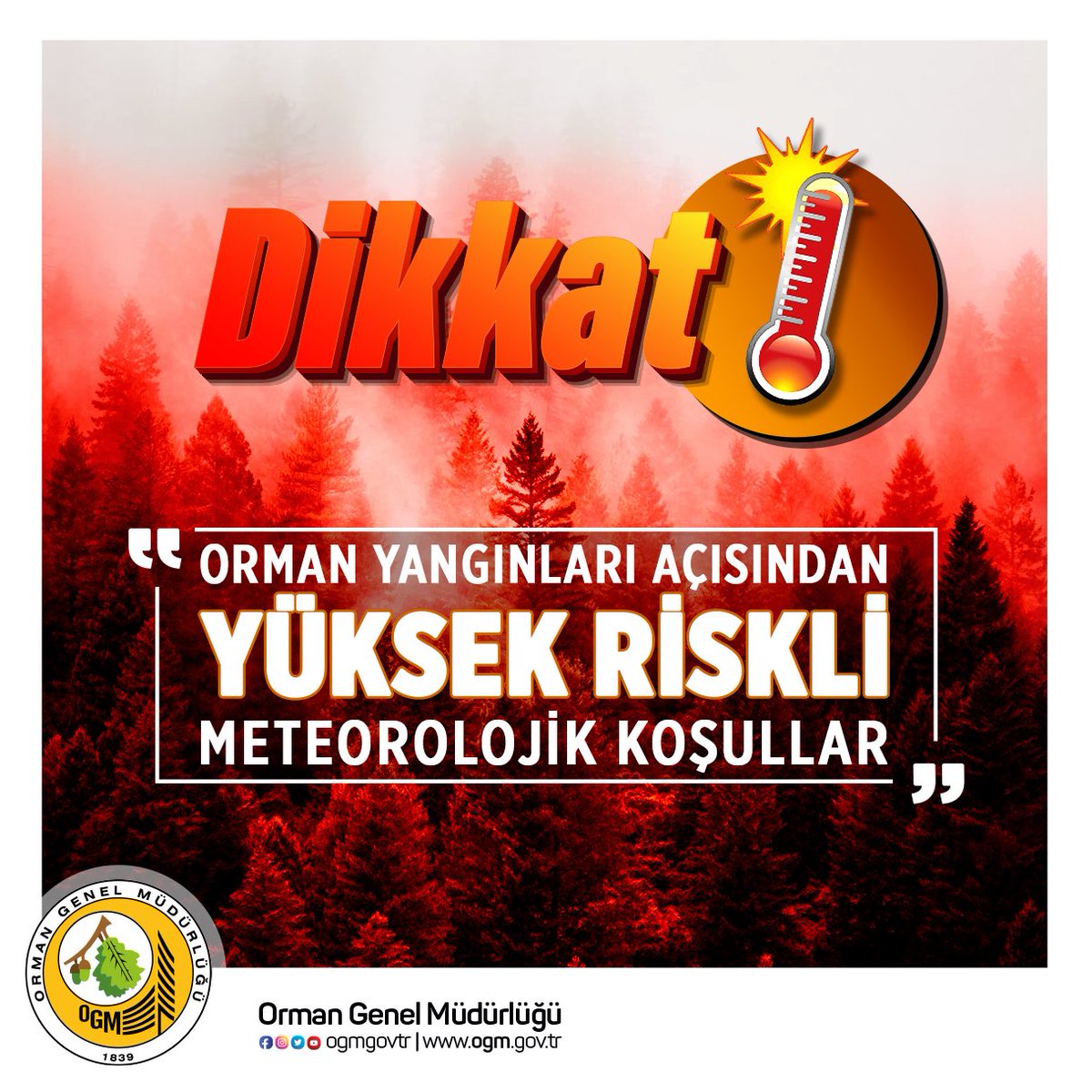 Yüksek sıcaklık, şiddetli rüzgar, düşük nemin olduğu, orman yangınları açısından riskli günler yaşıyoruz. 

Yangınla mücadelemizde bizlere destek olmak için yangına sebep olacak davranışlardan lütfen uzak durun.

Ateş yakma, çöp atma yangına #SebepOlma