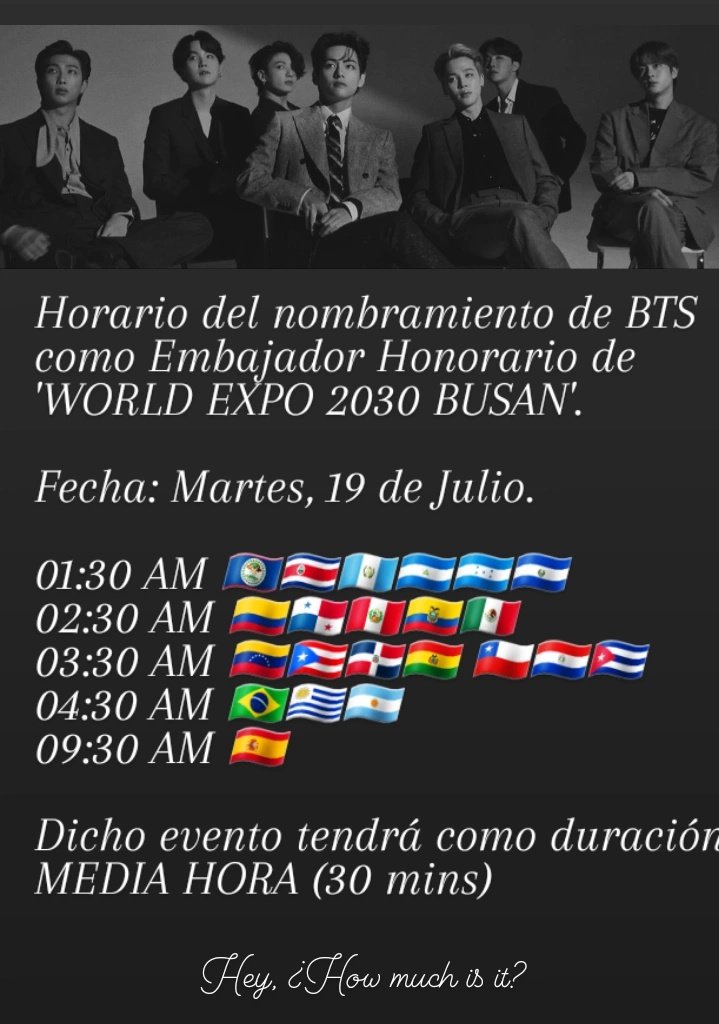 HowMuchIsIt_twt's tweet photo. Se ha informado que el día de mañana se llevara a cabo la ceremonia de nombramiento de @BTS_twt como Embajador Honorario de 'WORLD EXPO 2030 BUSAN'.
La transmisión del evento será en vivo.
Puedes ver la transmisión en el siguiente link:
- https://t.co/vNibUwTwca https://t.co/Sey3If1lKh