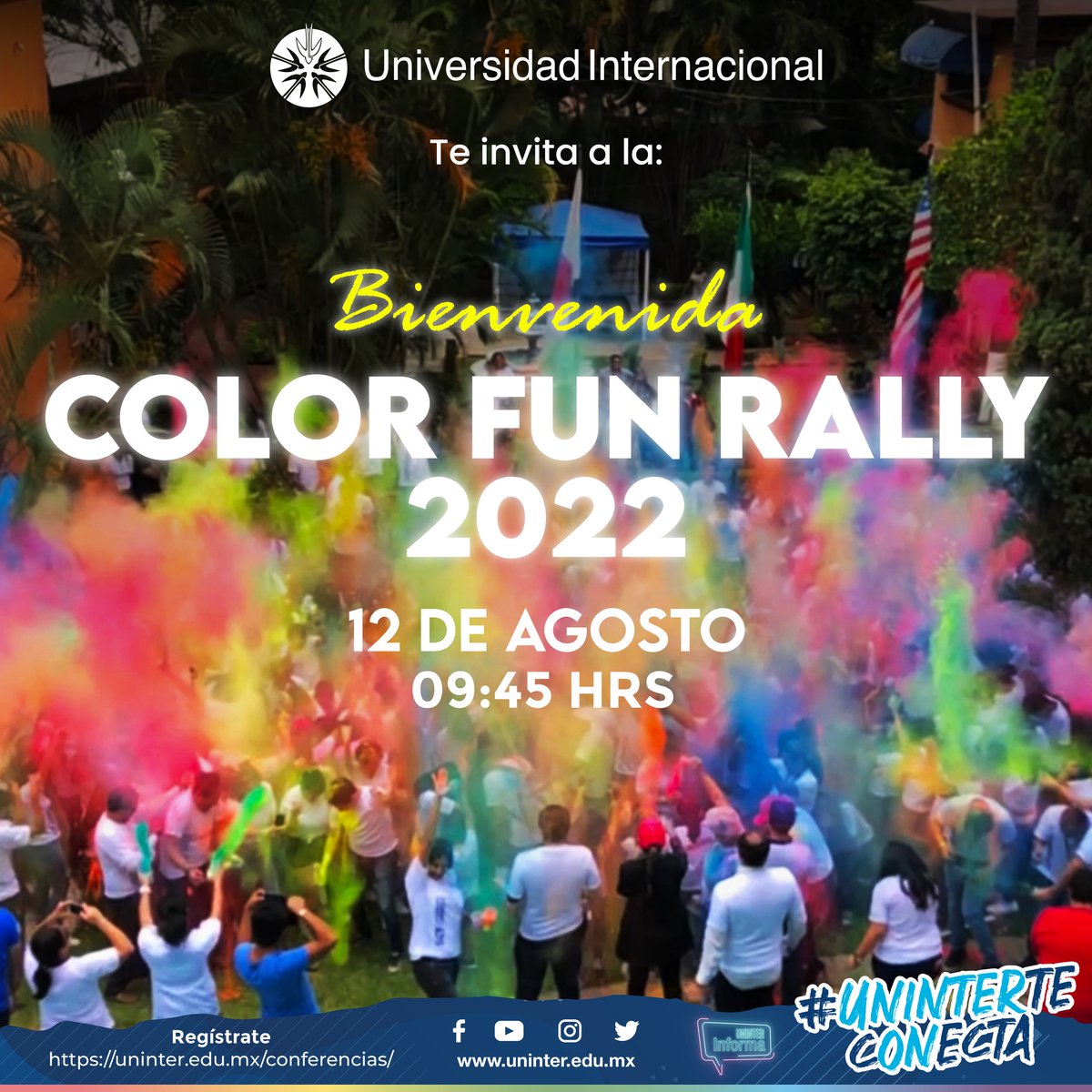 Uninter_Cuerna's tweet image. ¡Color Fun Rally 2022! 
🔴🟠🟡🟢🔵🟣
La Universidad Internacional dará la bienvenida a todos nuestros alumnos de nuevo ingreso 2022. ¿Estás listo para una explosión de colores y diversión? 
Invita a tus amigos a asistir🙌
Regístrate:
💻uninter.edu.mx/conferencias/
#UninterTeConecta🌎