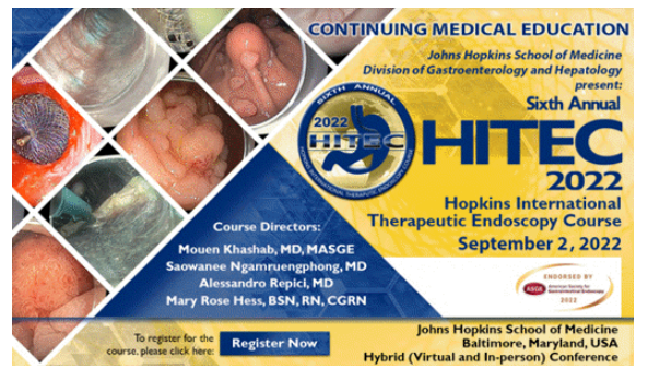 HopkinsCME's tweet photo. Don't miss Sixth Annual Hopkins International Therapeutic Endoscopy Course HITEC 2022 on 9/2/22 as renowned faculty from around the world provide demonstrations of the latest breakthroughs in endoscopic procedures, equipment, and procedures: https://t.co/FZGGqk6n2h #JHCME #HITEC https://t.co/guz8CCP0R0