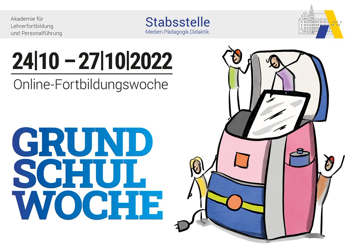 Stabsstelle_ALP's tweet photo. Jetzt schon die Weichen fürs neue Schuljahr stellen: Im Oktober (24.-27.10.) haben wir eine ganze Woche rund ums #digitale Lehren und Lernen in der #Grundschule für euch geplant.🎒😊
Infos zu Programm & Anmeldung:👉https://t.co/Bd8SCPaOsU
#twlz #PrimarEdu #mBdB #DSdZ @KM_Bayern https://t.co/D3h62AlvWD