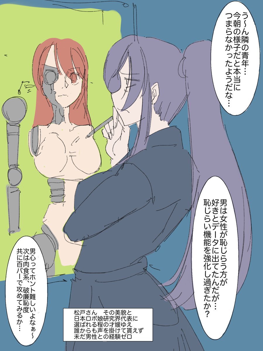 引っ越しの挨拶に来たお隣さんの松戸さん(天然のマッドサイエンティスト)と彼女のお手製ロボ娘さん達です。
まだネタ出しの段階のモノに色を付けたですが、お話としては自分の研究の為にことある事に隣の青年にお手製ロボ娘を差し入れてくる感じにしようかなと思っています。 