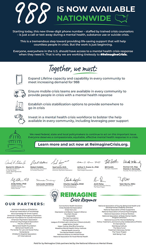 NAMICommunicate's tweet photo. “The nationwide availability of 988 is an important step forward, but the work to reimagine crisis response is just beginning." - NAMI CEO @DanGillison 
-
https://t.co/6oXunW5CXw https://t.co/Z7yixuMSvi