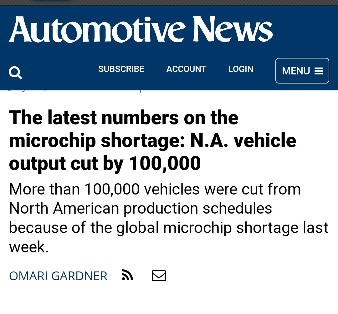 brockpierce's tweet image. &quot;More than 100,000 vehicles were cut from North American production schedules because of the global microchip shortage last week.&quot;

#microchipshortage #autoindustry #consumerproducts
autonews.com/manufacturing/…