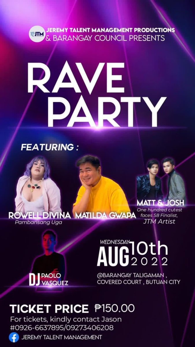 queenmaria26's tweet photo. Ali na! Let’s party this coming August 10, 2022  together with our very own Rowell Divina_Official , Matilda Gwapa , JTM Matt and Josh &amp; DJ Paolo Vasquez .

Unsa pa imuhang gihulat? Arat na!

Sa gusto mo buy ticekt  just dm me salamat! ❤️ https://t.co/FuIJ8cEM8d