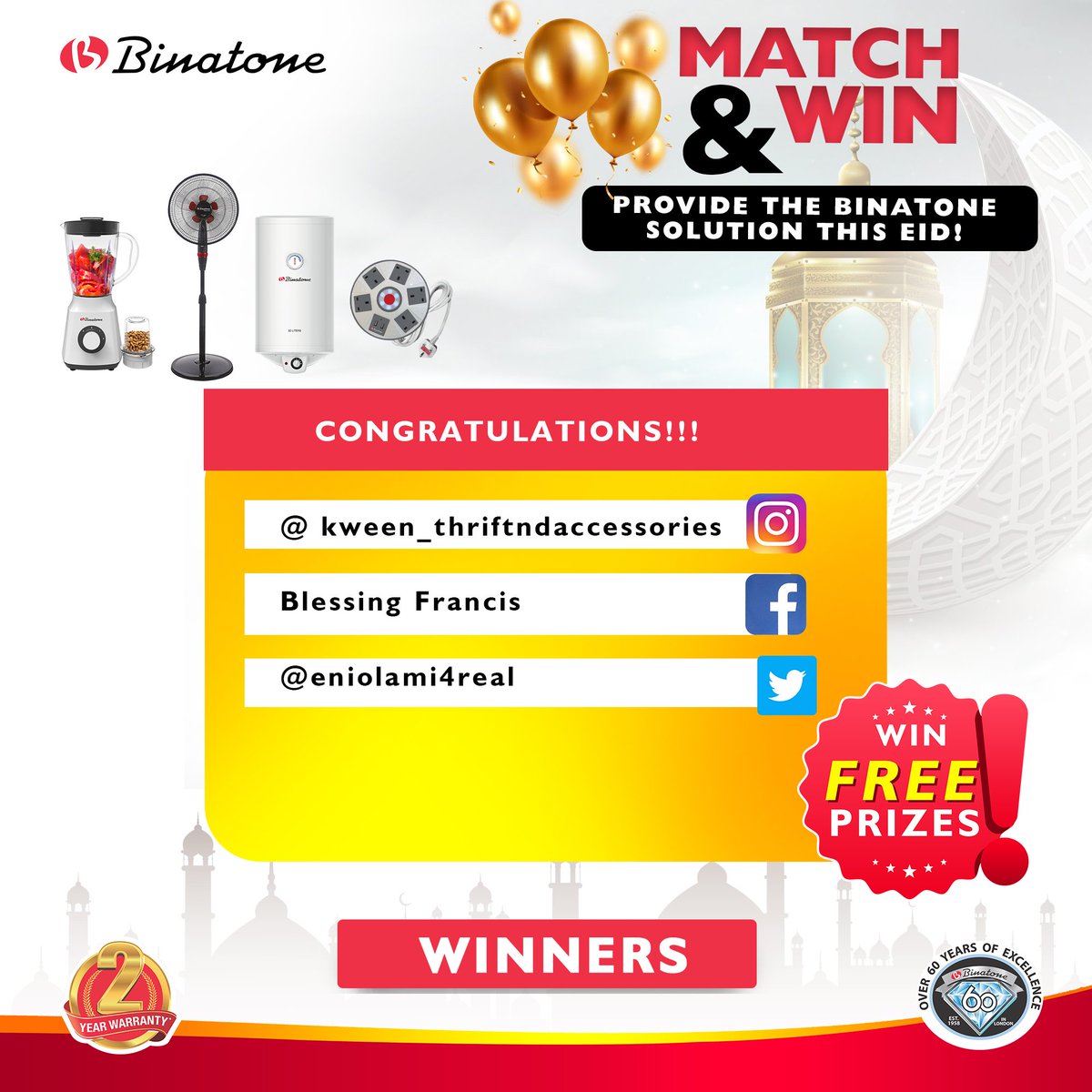 Binatone_Africa's tweet image. Congratulations to the winners of the #MatchAndWin challenge.

Kindly send us a DM to claim your reward.

#BuiltForYou