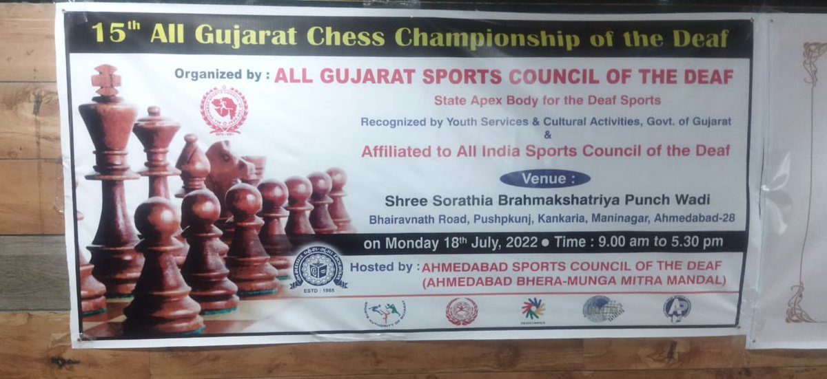 deaf_sports_guj's tweet photo. 15th All Gujarat Chess Championship of the Deaf at Ahmedabad on 18/07/2022
Organised by All India Sports Council of the Deaf
Affiliated to All INDIA SPORTS COUNCIL OF THE DEAF, NEW DELHI
Host: ABMMM
#deafsports #deaflympics #SAI #SAG #aiscd #agscd_sports #deaf https://t.co/bAdtBA9i0r