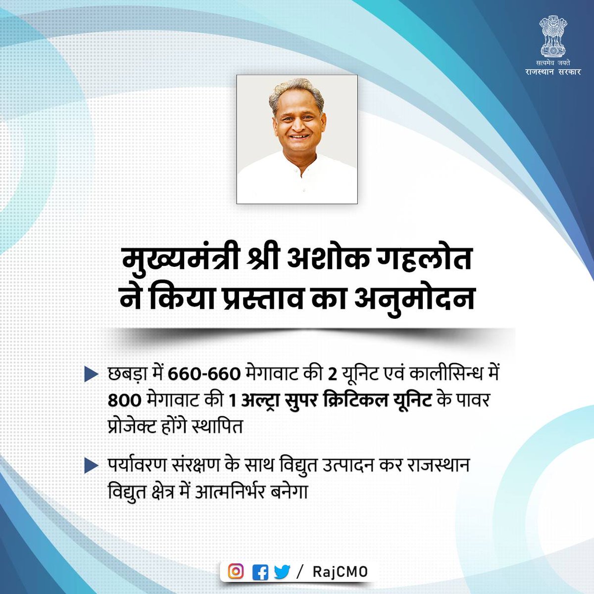 मुख्यमंत्री श्री <a href="/ashokgehlot51/">Ashok Gehlot</a> ने RRVUNL के छबड़ा में अल्ट्रा सुपरक्रिटिकल तकनीक पर आधारित थर्मल पावर प्रोजेक्ट में 660-660 मेगावाट क्षमता की दो यूनिट व कालीसिन्ध में 800 मेगावाट क्षमता का एक अल्ट्रा सुपरक्रिटिकल थर्मल पावर प्रोजेक्ट स्थापित करने के प्रस्तावों का अनुमोदन किया है