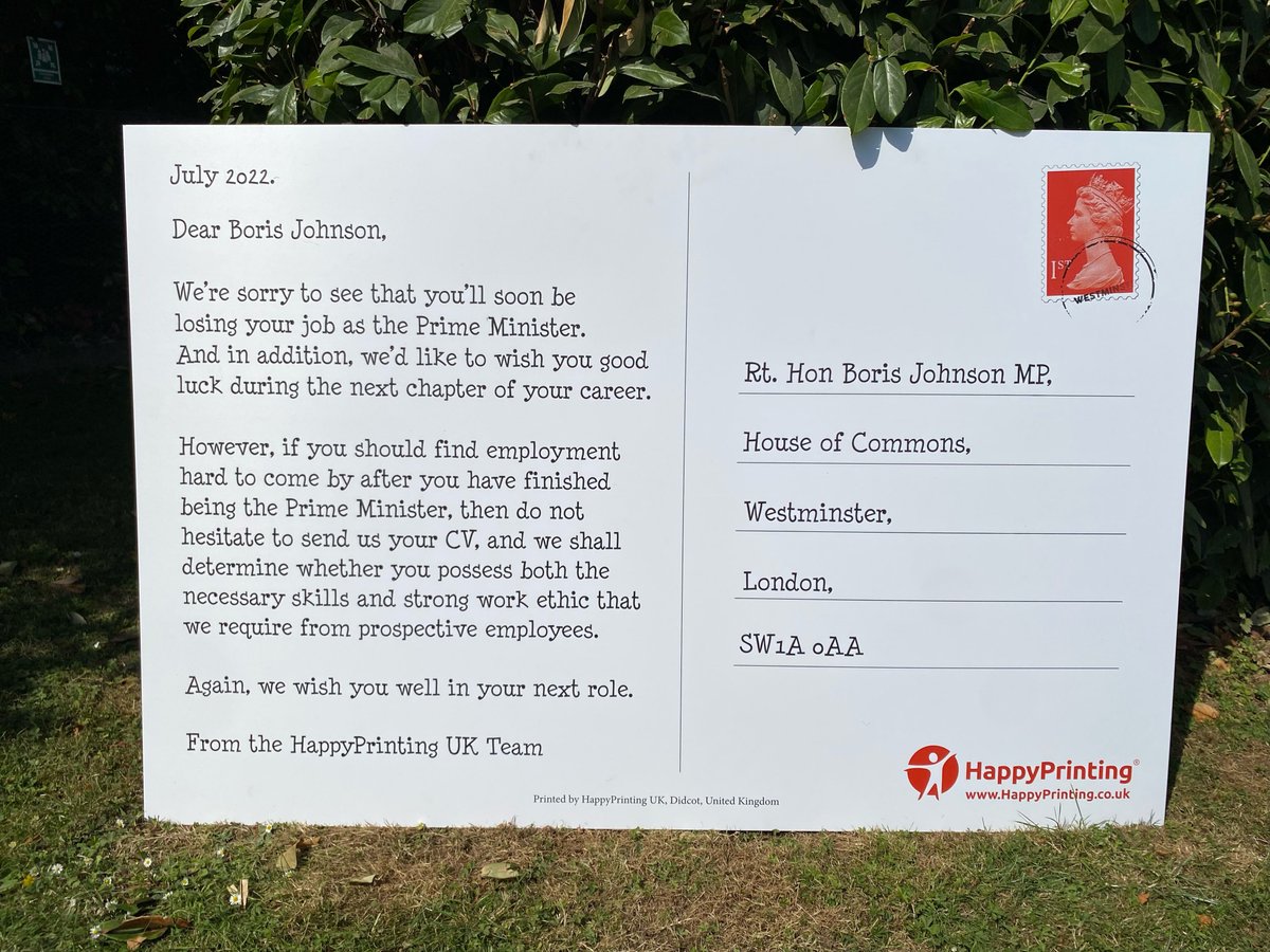 HappyPrintingUK's tweet photo. Will our 1.5 x 1 metre postcard job offer be too tempting for Boris Johnson? In a day or two, it'll be on its way from our Didcot office to the House of Commons. #borisjohnsonjoboffer @postcrossing
@labour @OldPostcards @PastPostcard
@PrintMonthly @printweek
@OxonTories @UKLabour https://t.co/AG9GJ5FKUN