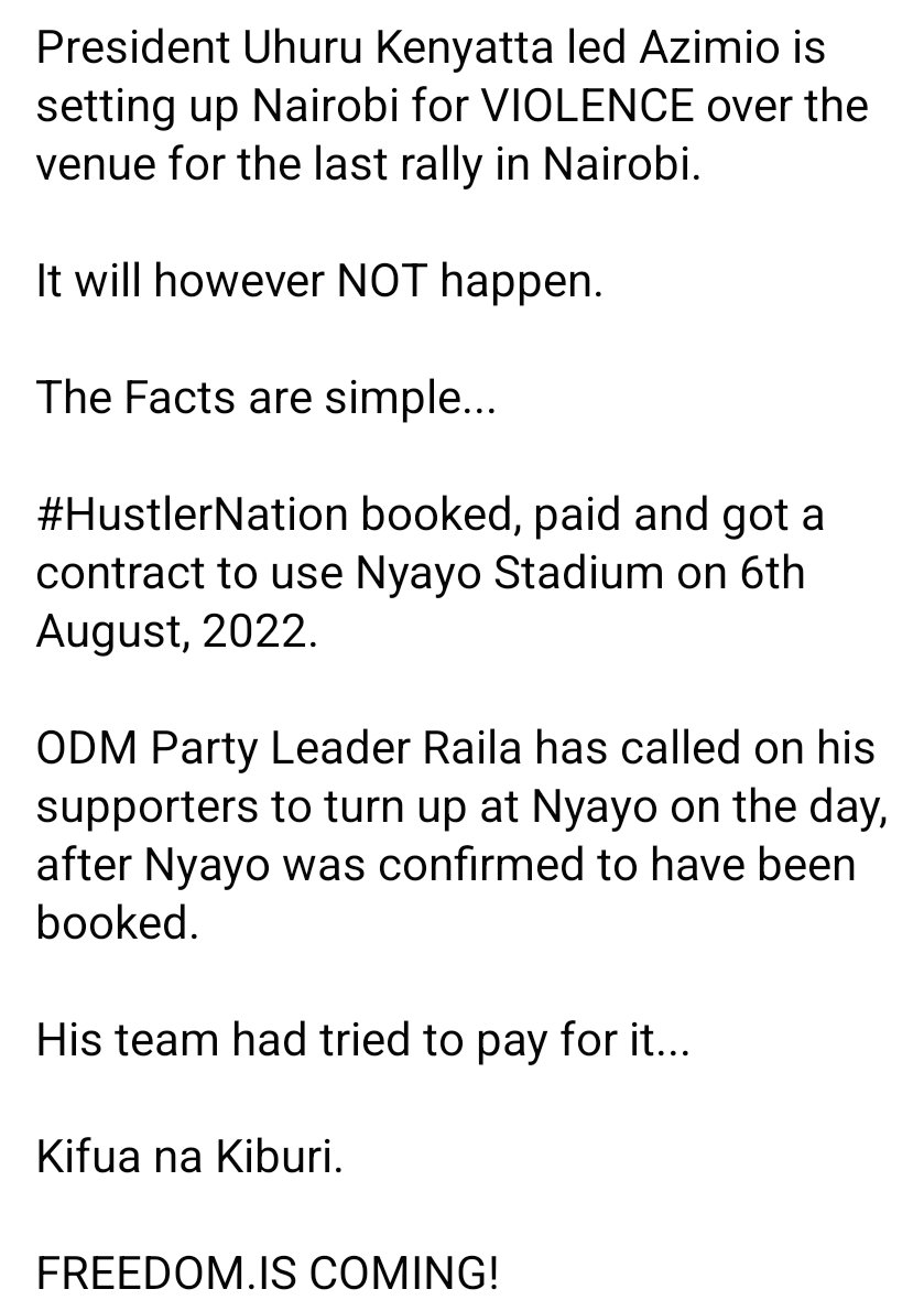 OleItumbi's tweet image. President Uhuru Kenyatta led Azimio is setting up Nairobi for VIOLENCE over the venue for the last rally in Nairobi.

It will however NOT happen. 

The Facts are simple...

#HustlerNation booked, paid and got a contract to use Nyayo Stadium on 6th August, 2022.

.....